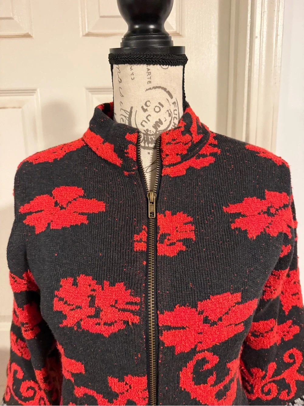 Anthropologie Red Floral Zip-Front knit Jacket